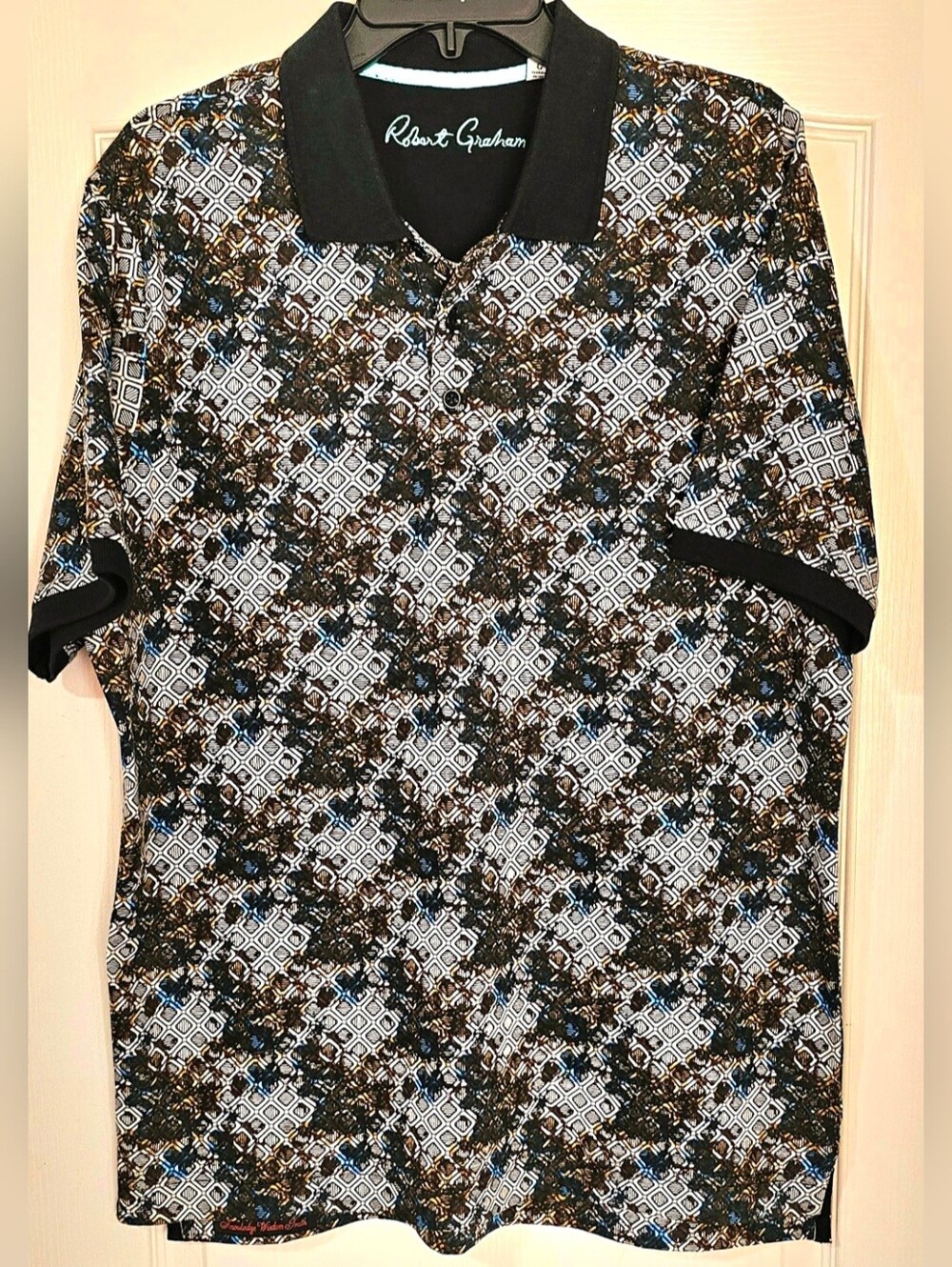 Robert Graham Black, Brown & Blue Geometric Floral Polo